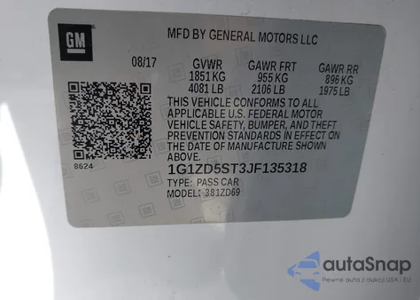 2018 Chevrolet Malibu Lt z USA, uszkodzony, nr VIN 1G1ZD5ST3JF135318